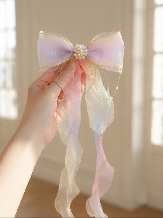 Accessories - Pastel Ribbon Bow Hair Clip with Pearl Center